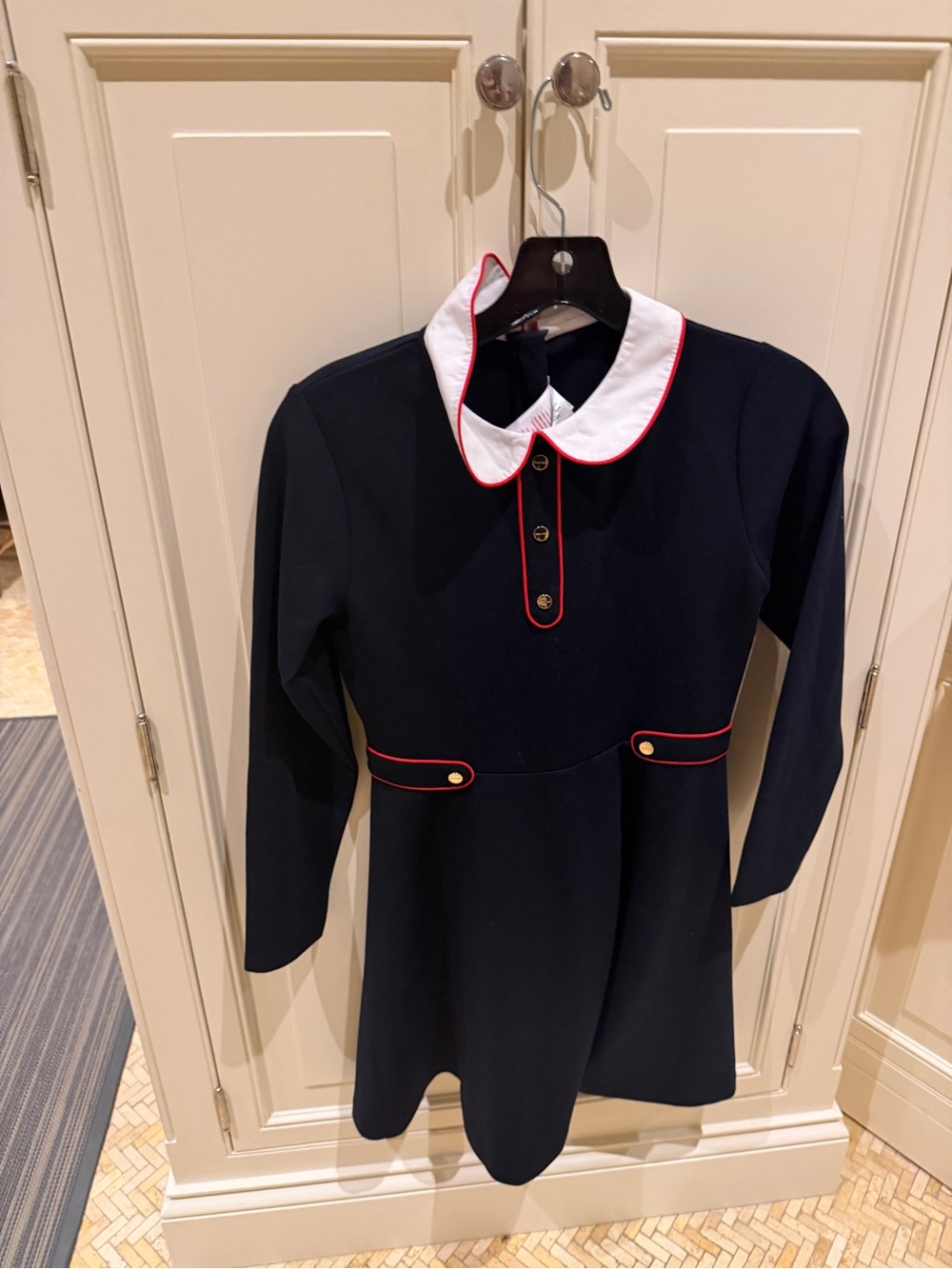 Jacadi Navy Dress with White Peter Pan Collar and Red Trim
